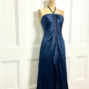 Adrianna Papell Boutique Vintage Navy Halter Elegant Silk Long Maxi Dress Glam